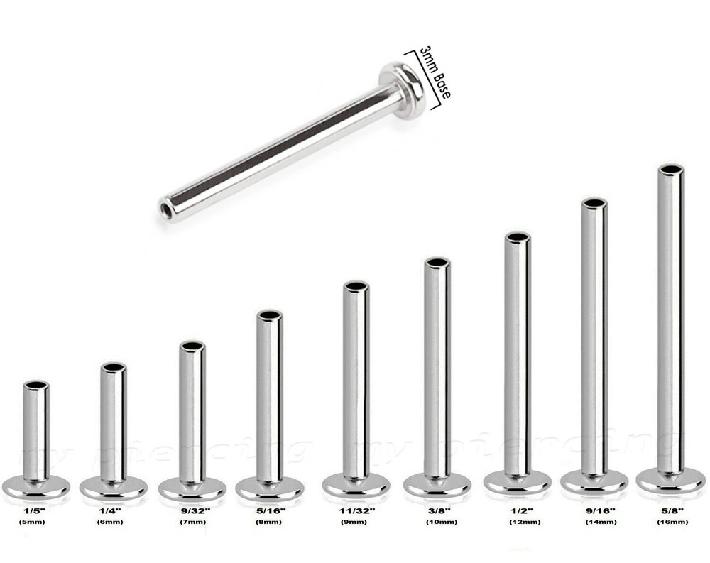 1pc. 16G 3mm Base Internally Threaded Replacement Labret Post 5mm to 16mm