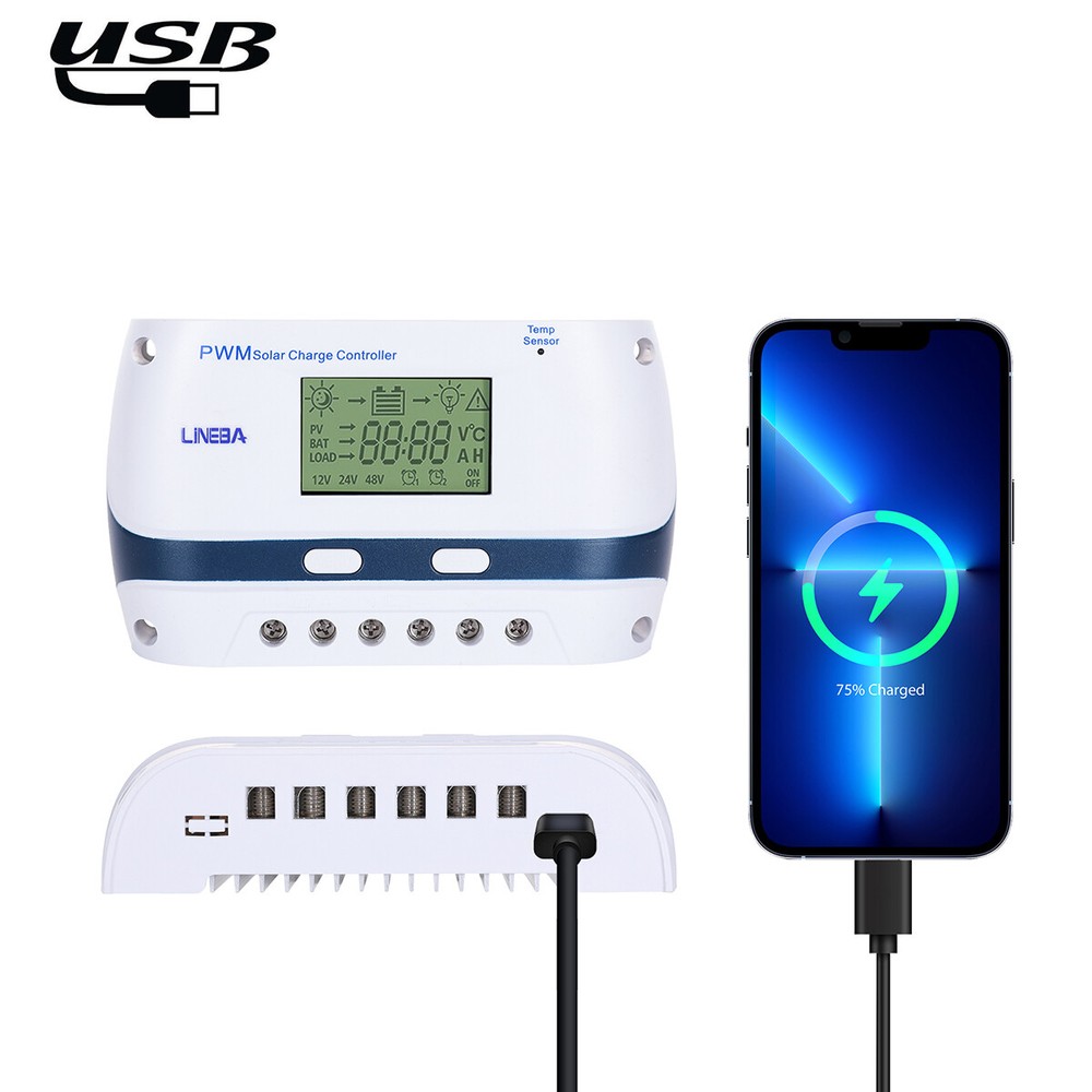 12V/24V/48V 100A PWM Solar Charge Controller Panel Lithium Battery Regulator USB