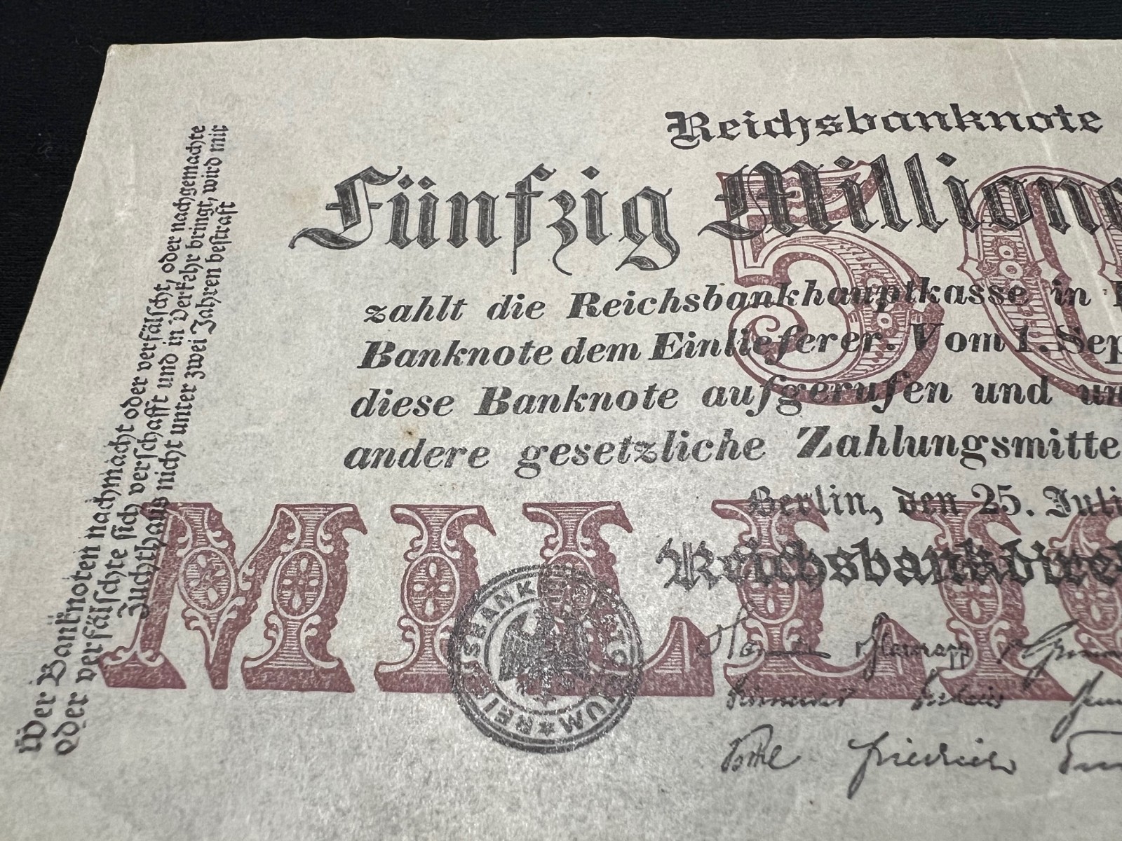 1923 German 50 Million Mark Banknote Post WW1 World Paper Money Hyperinflation
