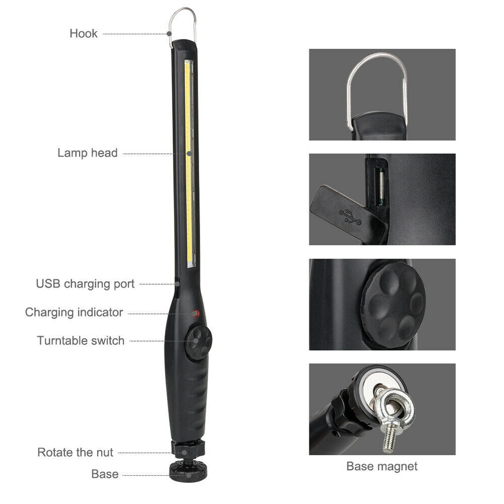 Magnetic Work Light USB Rechargeable Flashlight Handheld/Hanging Workshop Torch