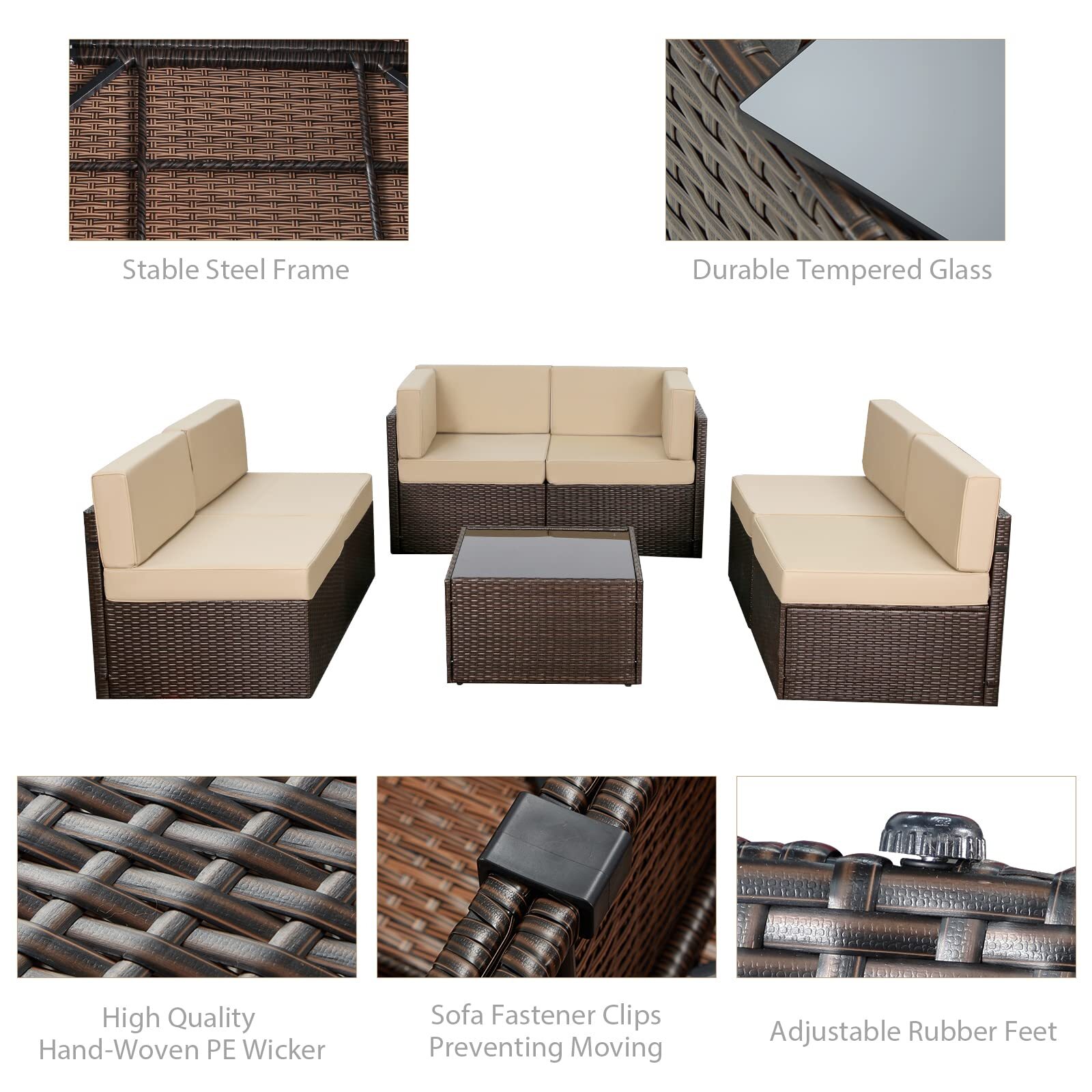7-Pieces Patio Furniture Set Outdoor Sectional Sofa Rattan Wicker Sofa W/ Table