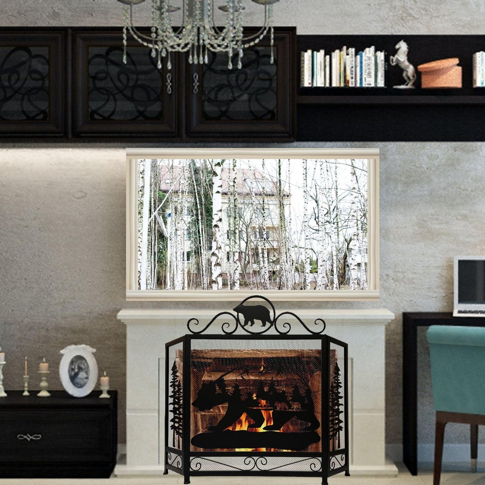 3-Panel Fireplace Screen with Bear and Mountain Scenery Design