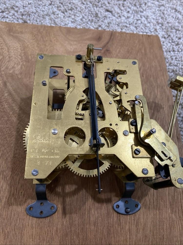 Jouch PL42 1973 Clock Chime Movement W/ Pendulum, Mount, Clock Hands, Wind WORKS