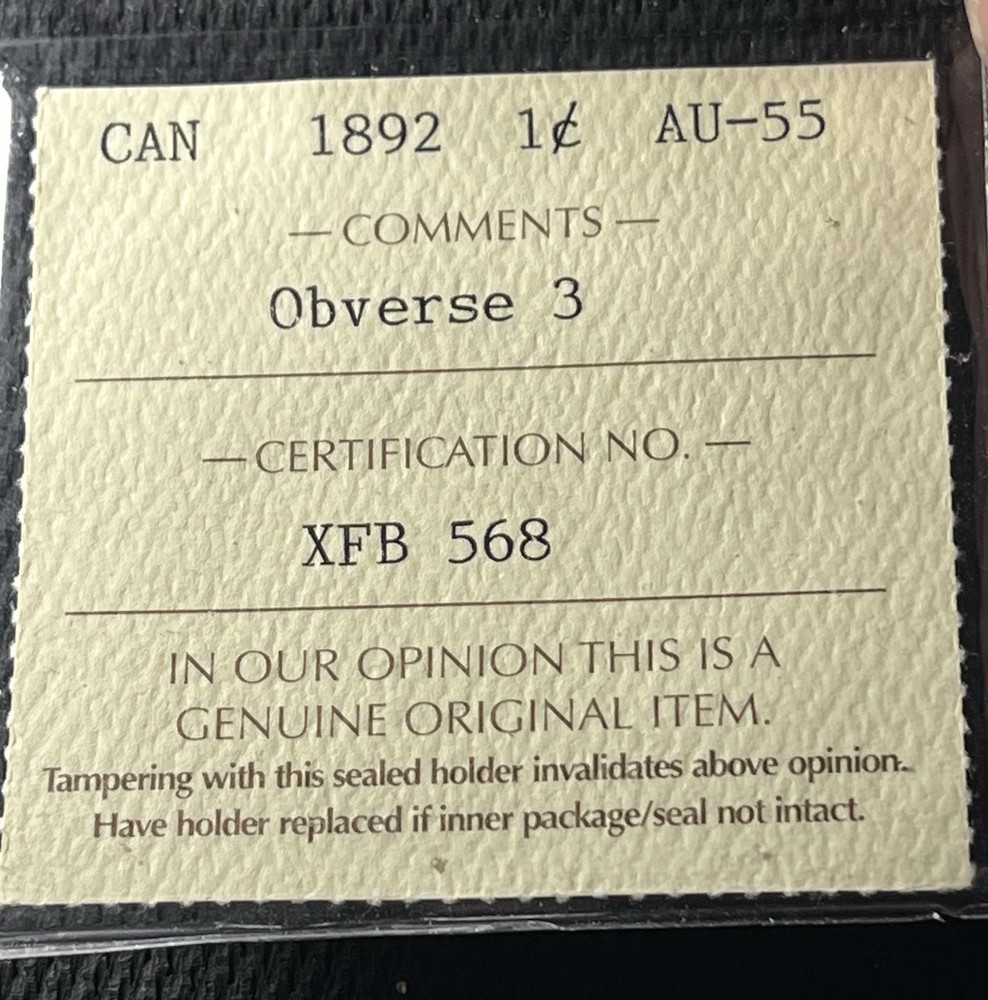 ICCS AU55 1892 Canada Large Cent