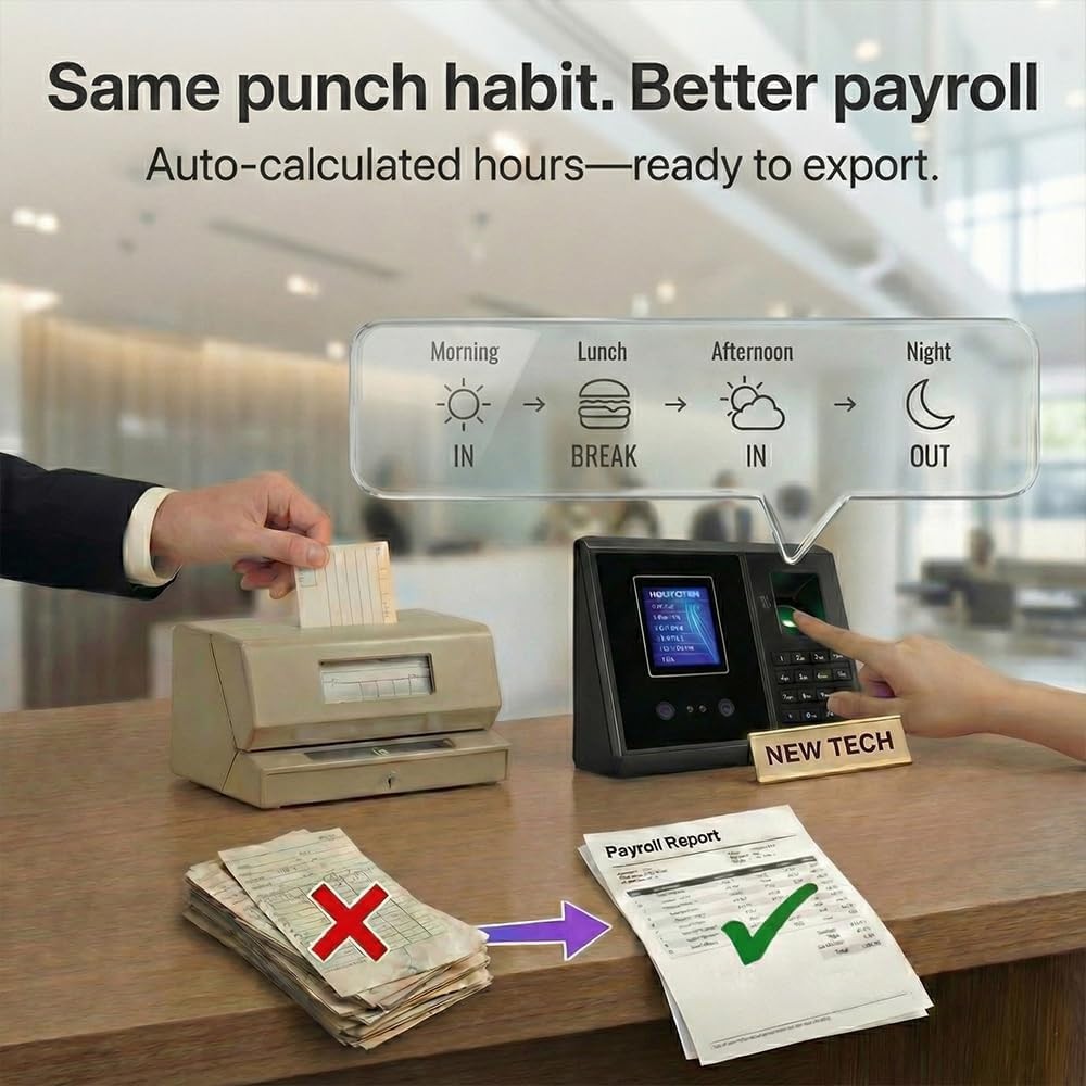 App-Based Time Clock, 5s Setup，Multi-Punch Daily, Auto Break, Lunch & Overtime R