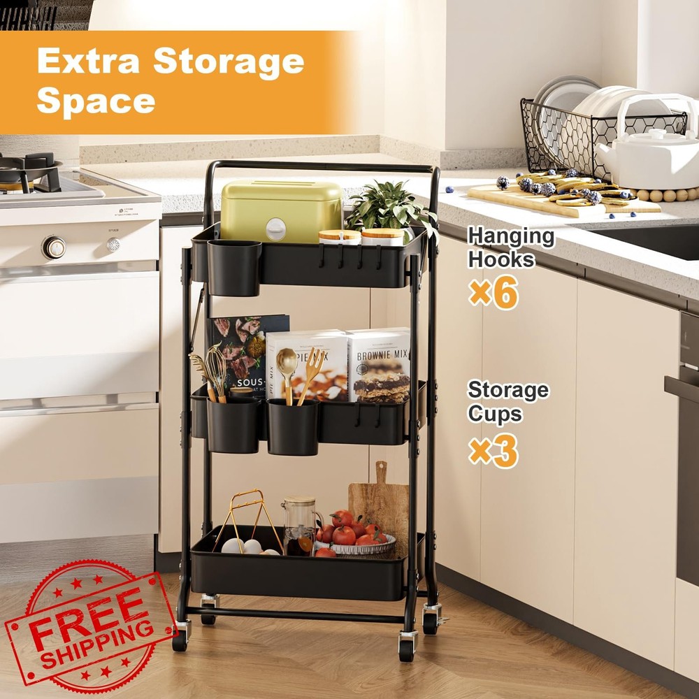 3 Tier Foldable Rolling Cart Black Storage Organizer Hooks