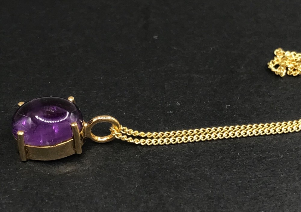 Amethyst cabochon set, stud earrings, pendant, gold on solid sterling silver.