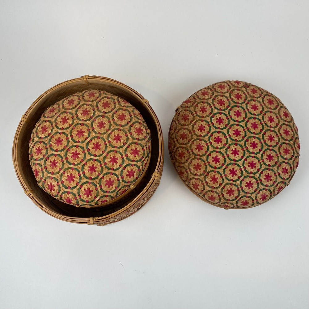 Thai Handicraft Bamboo Nesting Boxes Pikul Pattern Basket Set 2 EUC Decor