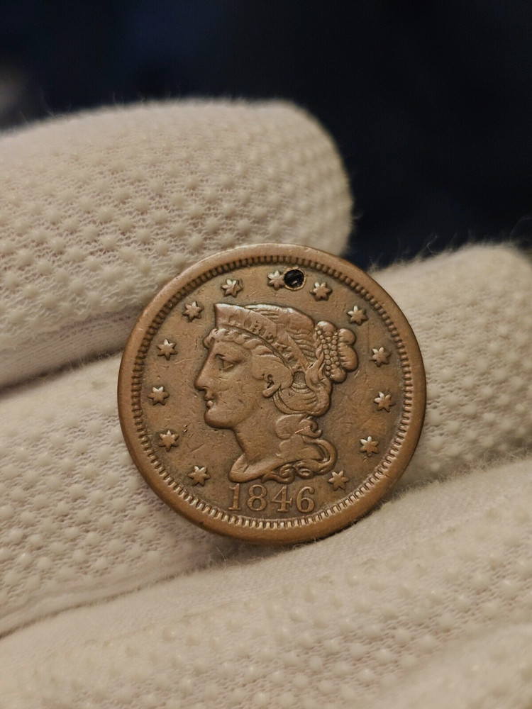 1846 Large Cent Tall Date Higher Grade Attempted Hole US Type Coin