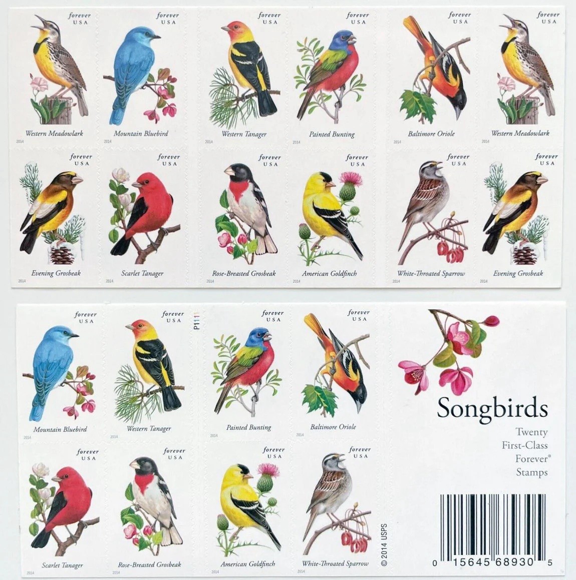 USPS Postage Stamps Sheet of 20 First Class Letter Songbirds