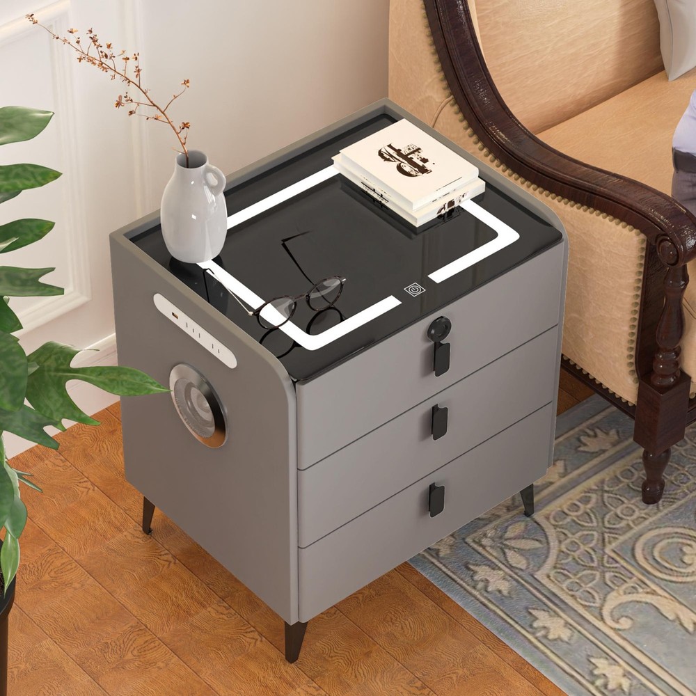 24" Modern Bedroom Smart Bedside Table Fingerprint Unlocking+Bluetooth+Led