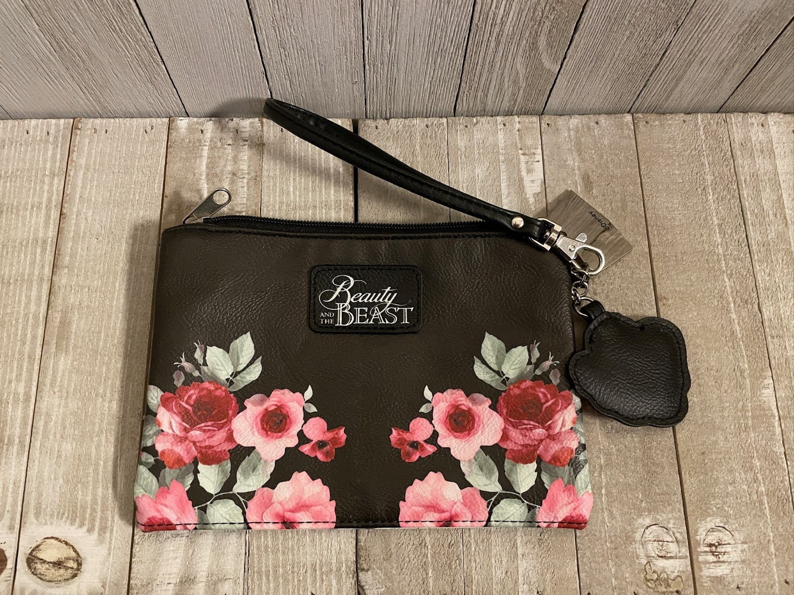 Loungefly Bag Disney Beauty and the Beast Makeup Bag with Rose & Book Charms 8"