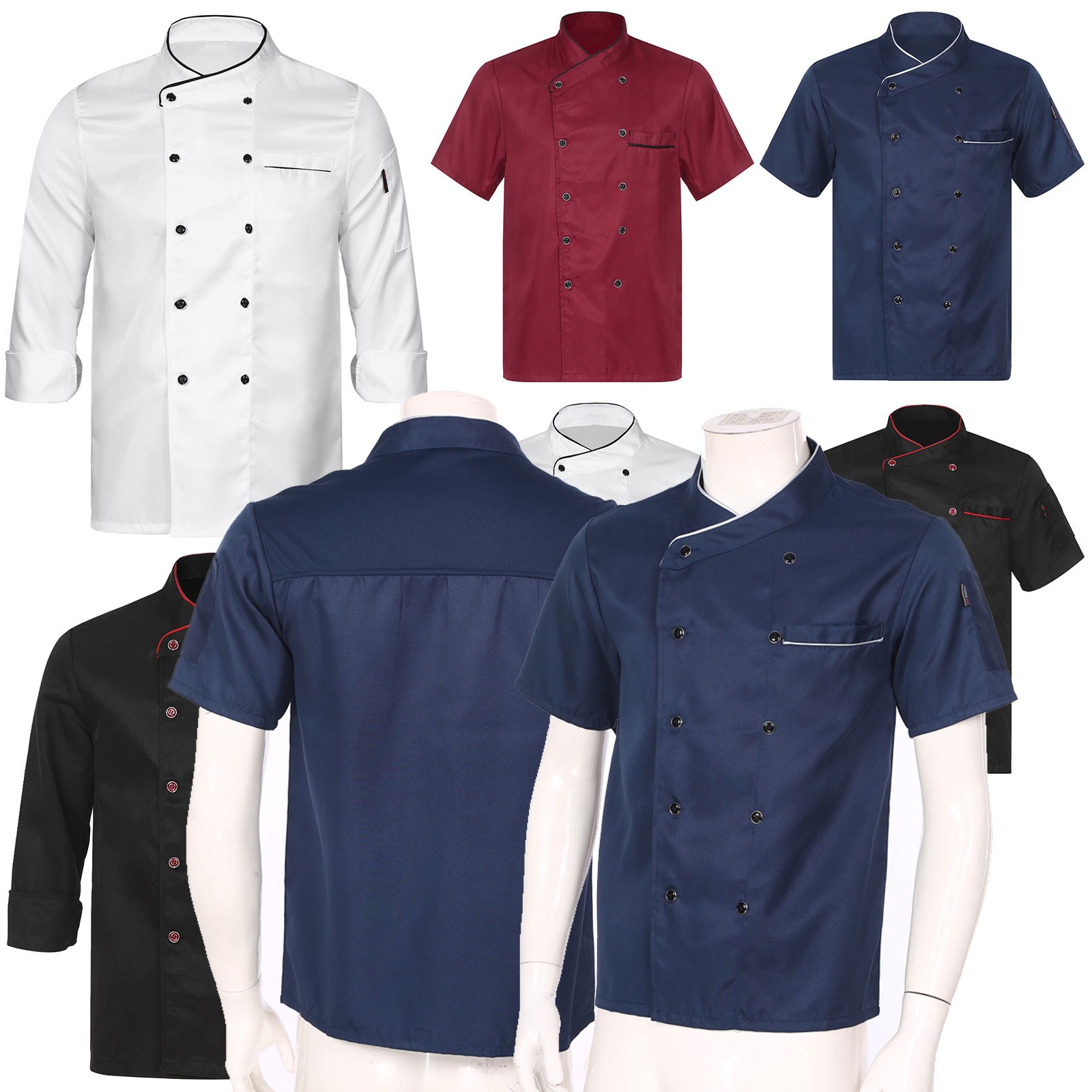 US Unisex Men Womens Double-Breasted Chef Coat Jacket Kitchen Cooking Uniform