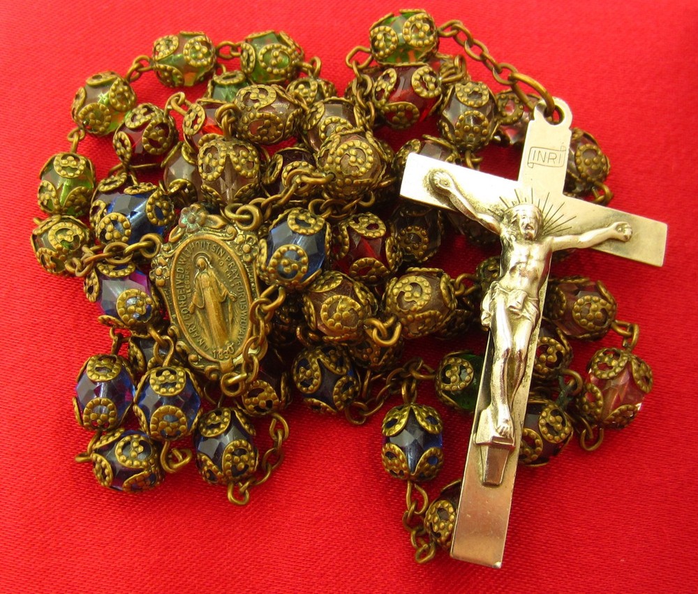 Vintage FILIGREE Rosary MULTICOLOR GLASS BEADS DOUBLE CAPPED I AM A CATHOLIC