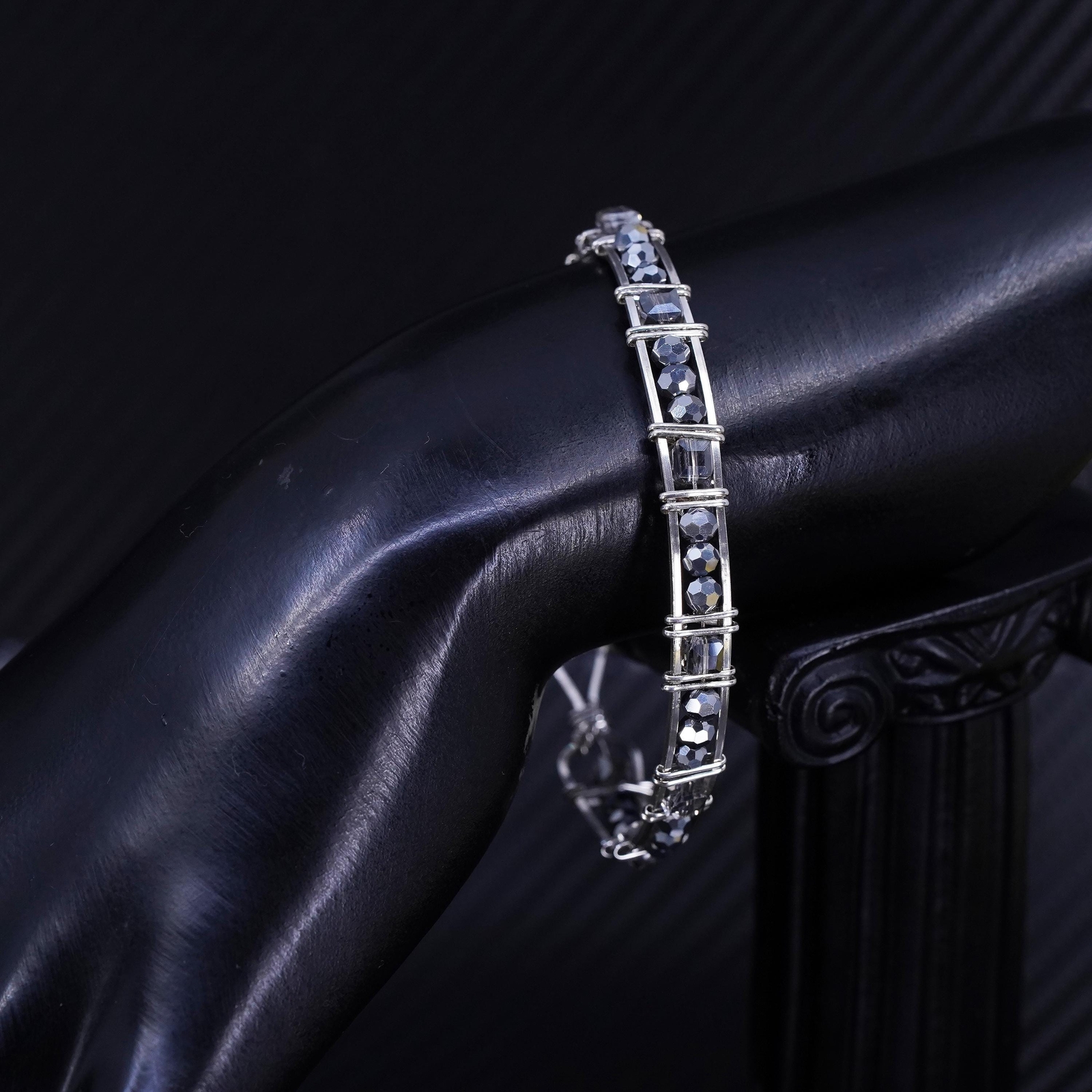 7.5”, Mexican sterling silver wired 925 hinged bangle, bracelet cluster crystal