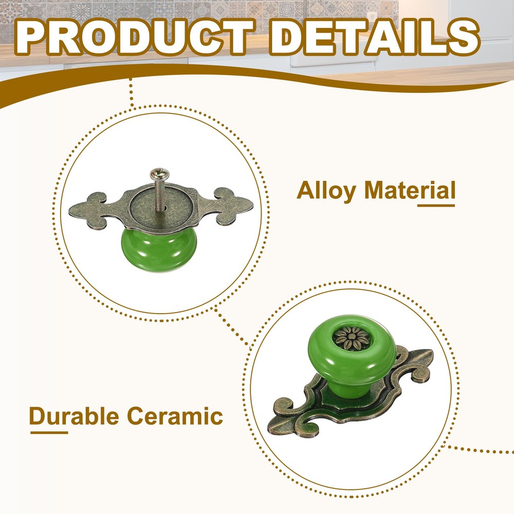 4 Pcs Retro Ceramic Cabinet Knobs 1-1/4" Vintage Dresser Drawer Knobs, Green