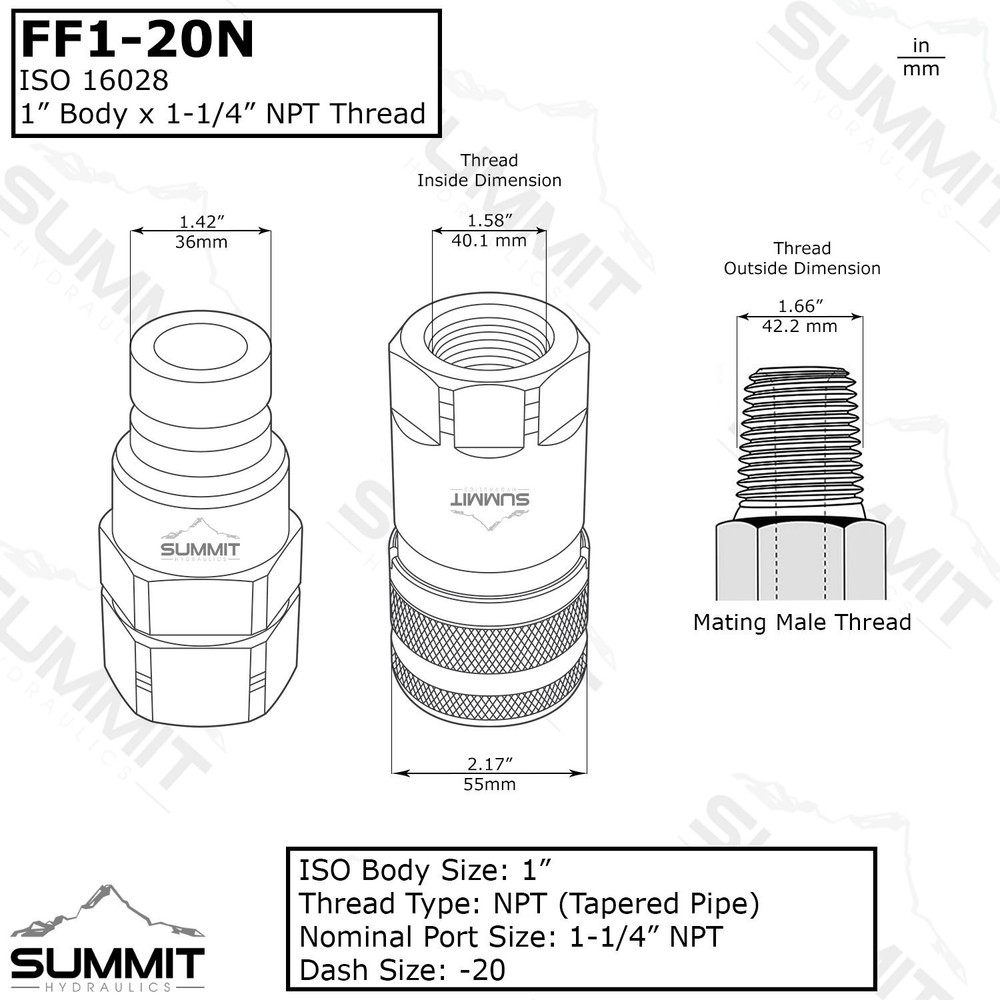 1" Flat Face High Flow Hydraulic Quick Connect Coupler Set, 1-1/4" NPT Thread
