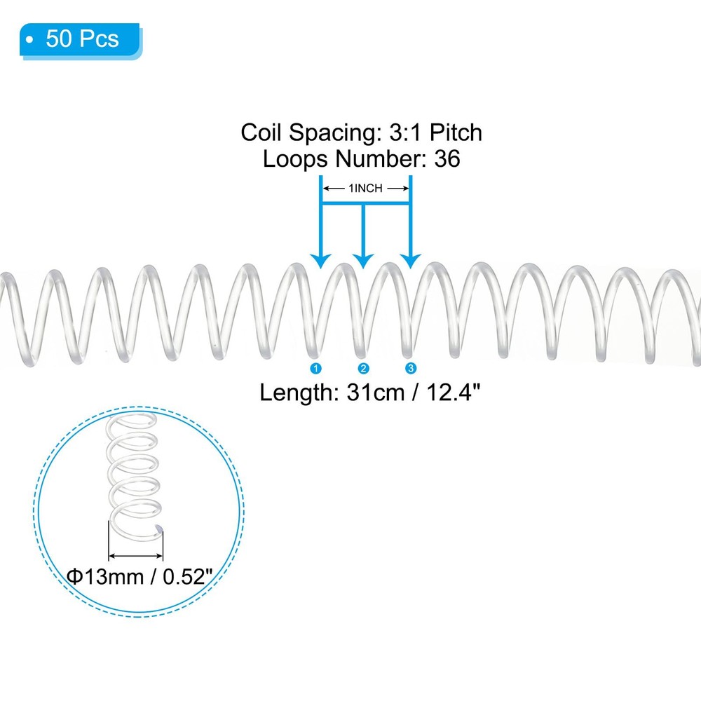 13mm1/2" Plastic Spiral Binding Coils 50 Pcs Binding Spirals 105 Sheet Capaci...