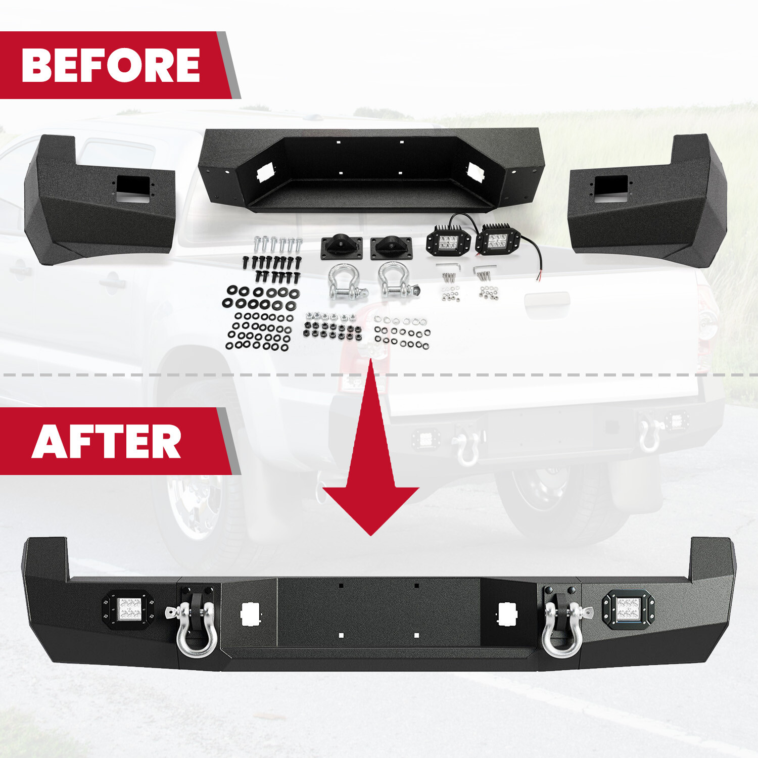 HECASA Black Rear Bumper For Toyota Tacoma 2005-2015 w/License Plate LED Lights