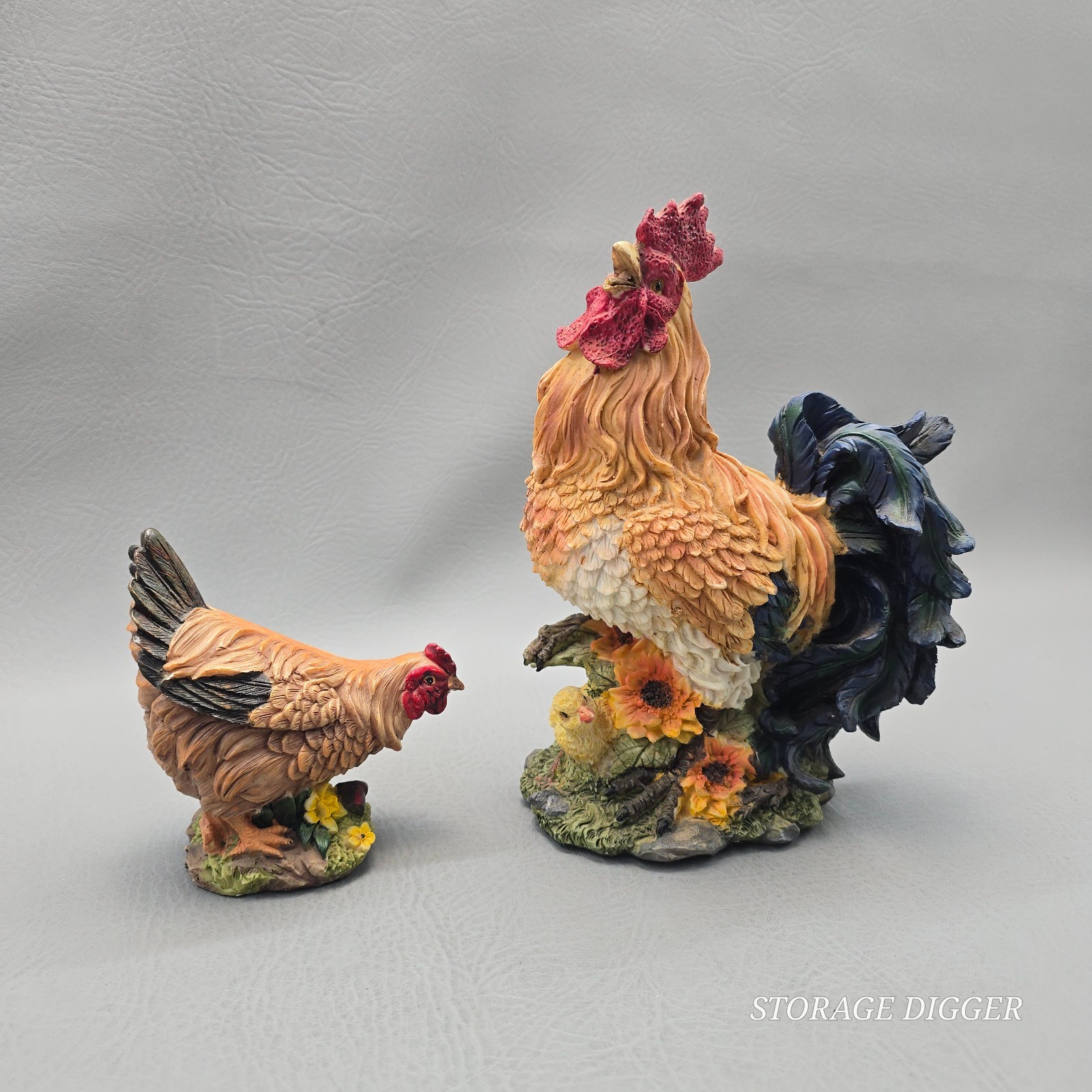Vintage Resin Rooster and Hen Animal Figurines Farmhouse Decor 2 Pcs 9 in