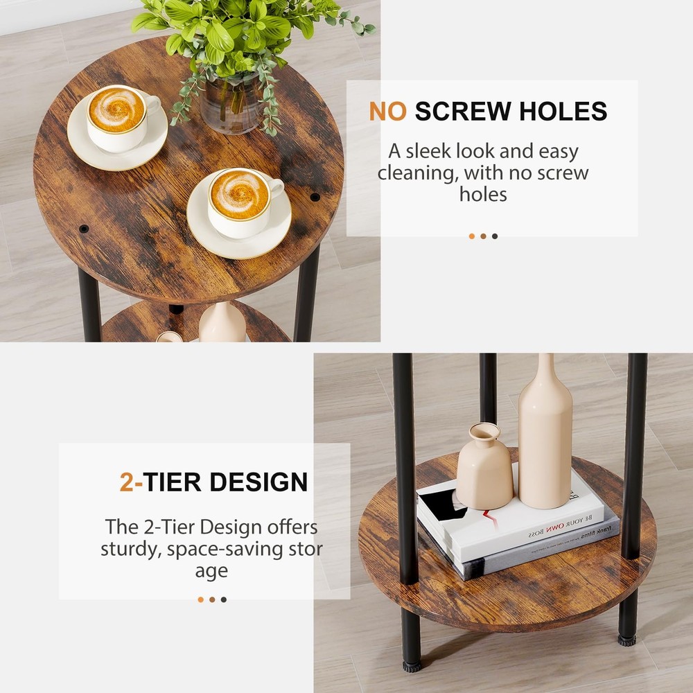 Small Round Side Table Brown Round End Table 2-Tier Modern Bedside Table