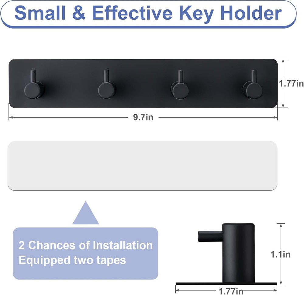 Key Holder Wall Mount 4 Hooks Black