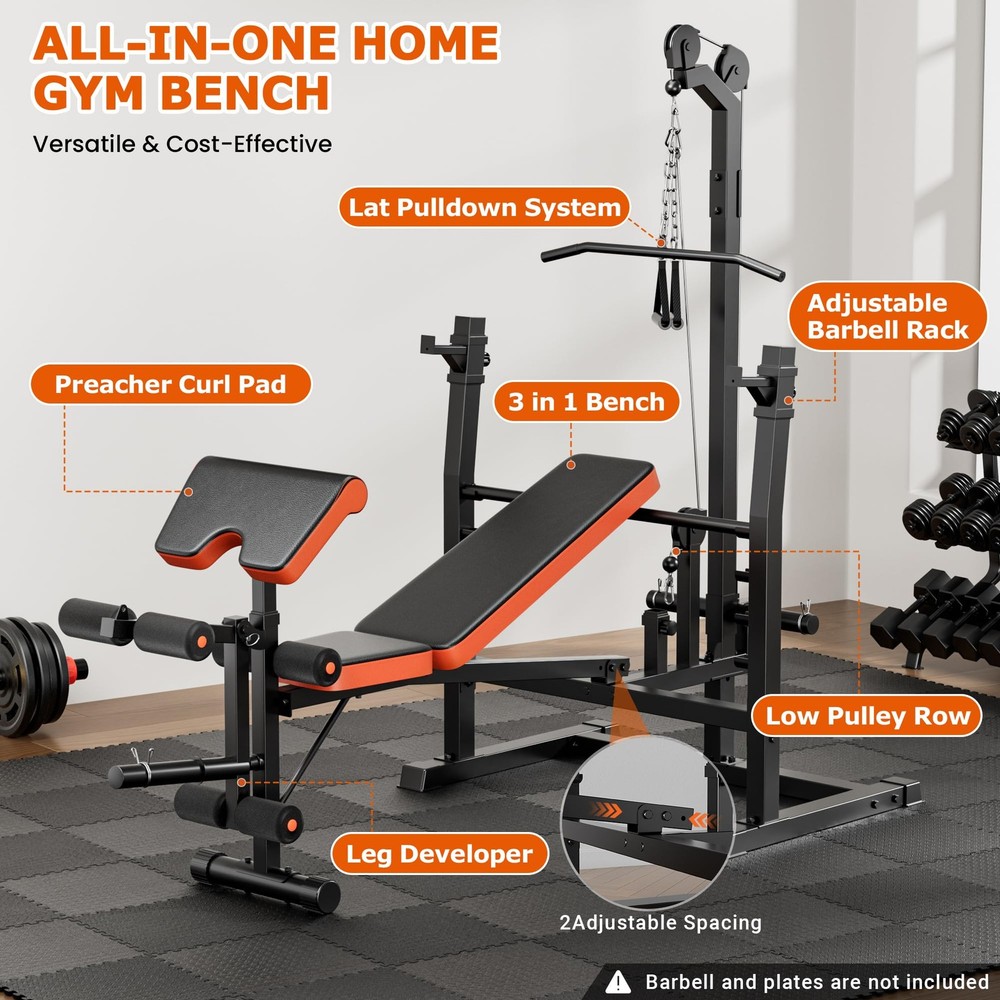 9-in-1 Adjustable Olympic Weight Bench with Lat Pulldown, Row, Squat Rack & L...