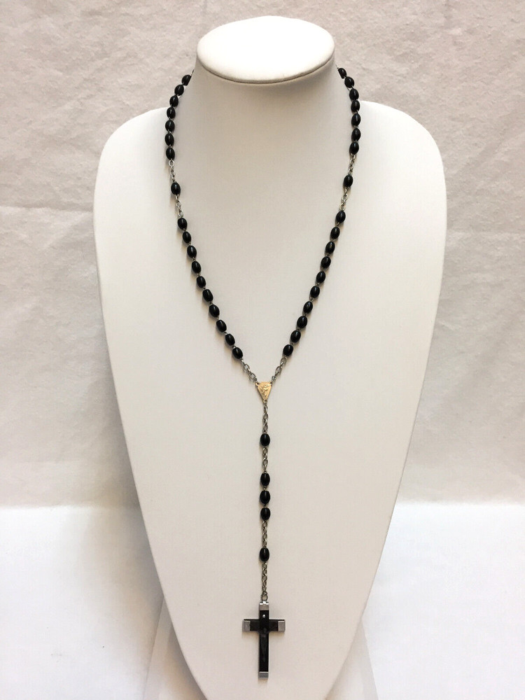 Rosary Catholic Black SilverTone Made in Italy 20.5" Long Cross Extention VTG