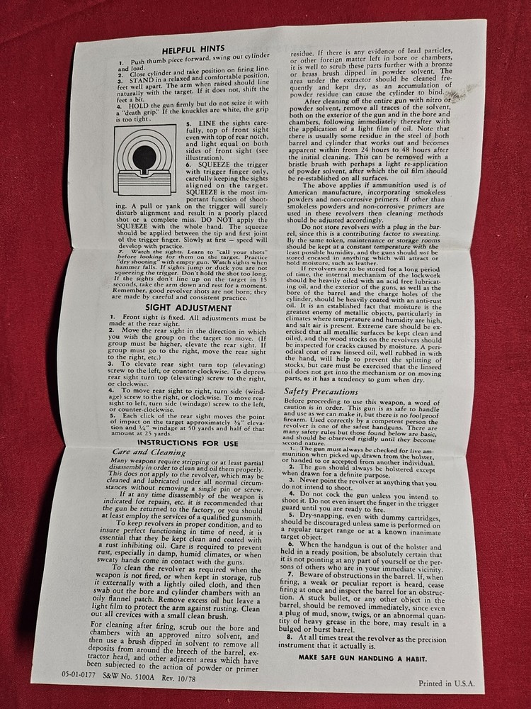 Smith & Wesson Model 14 K38 Masterpiece Paperwork 10-78 Printed.
