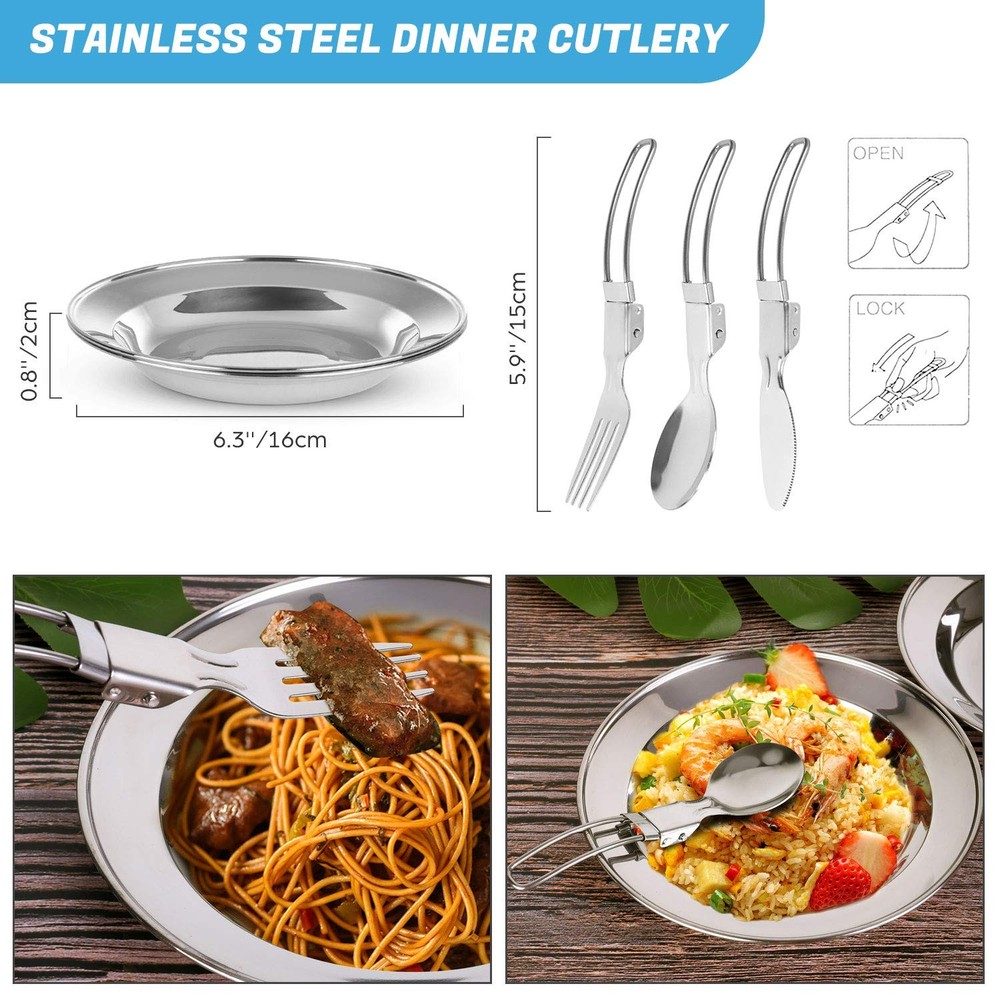 Odoland 16pcs Camping Cookware Mess Kit with Folding Silver, Black