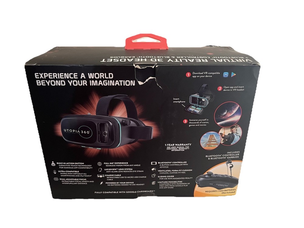 Utopia 360 VR Headset w/ Bluetooth Earbuds & Controller (Opened, Unused)