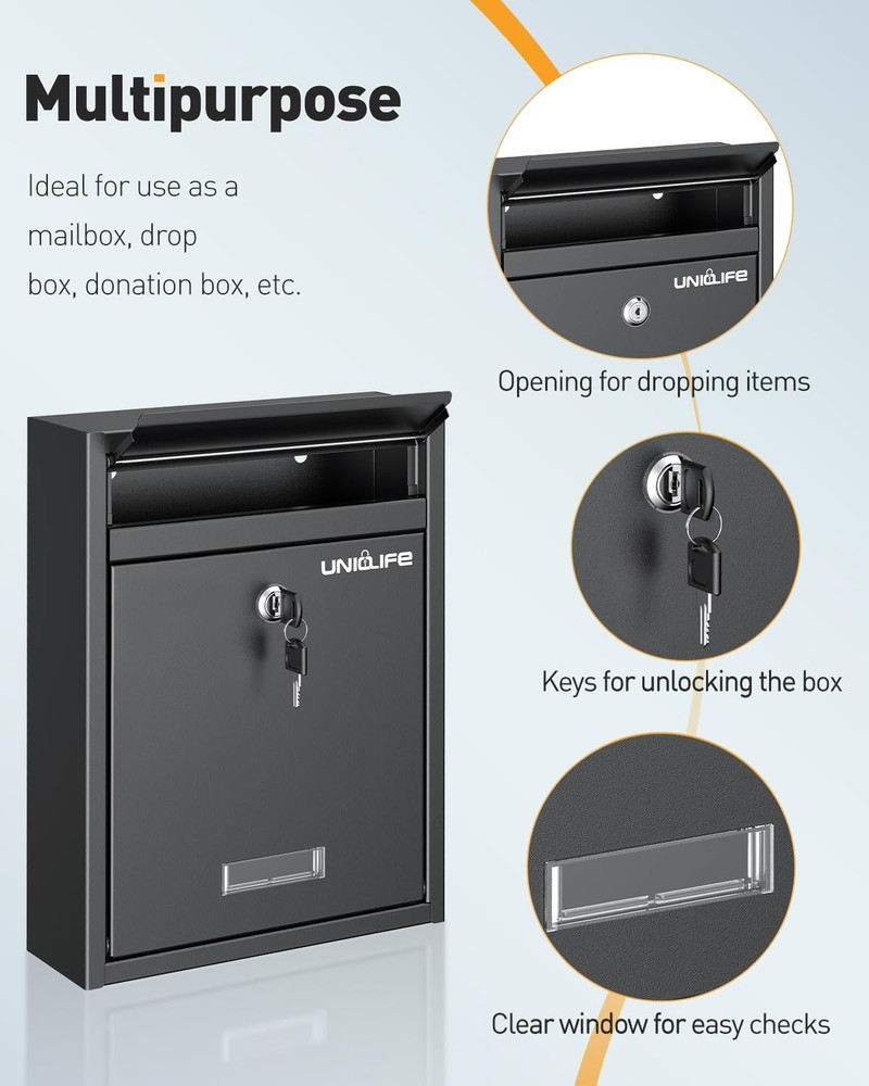 Uniclife Wall Mount Mailbox for Outside, Locking Mail Box, Key Lock, Blcak