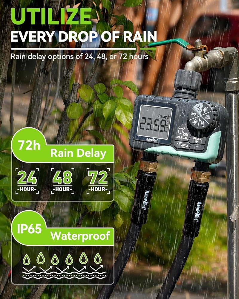 Easy Setup 2-Zone Sprinkler Timer for Yard Lawn - Rain Delay