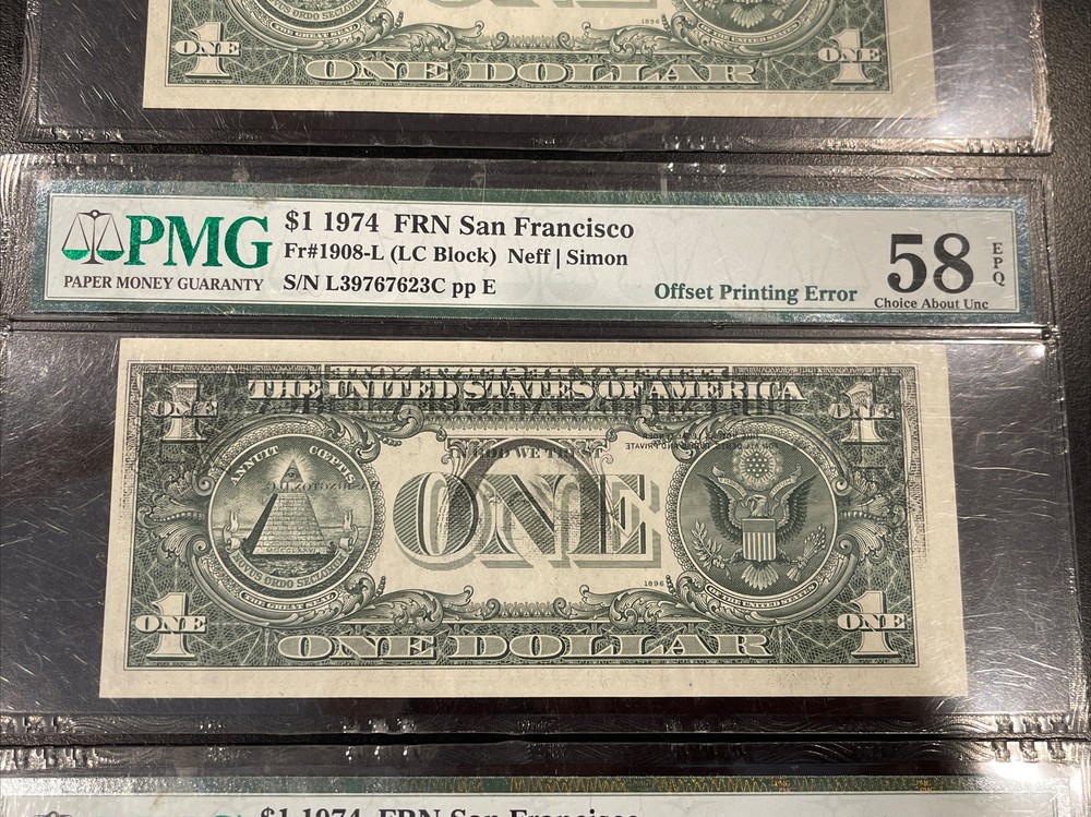 3x Error PMG 58 EPQ FRN $1 Consecutive Serial Notes 1974