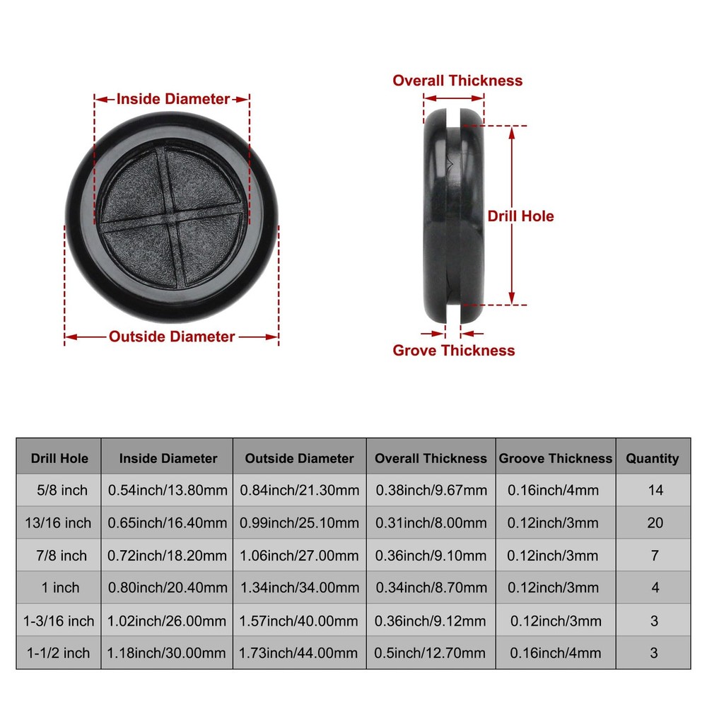 Rubber Grommets for Wiring, Grommet Kit in 6 Sizes Mixed Size