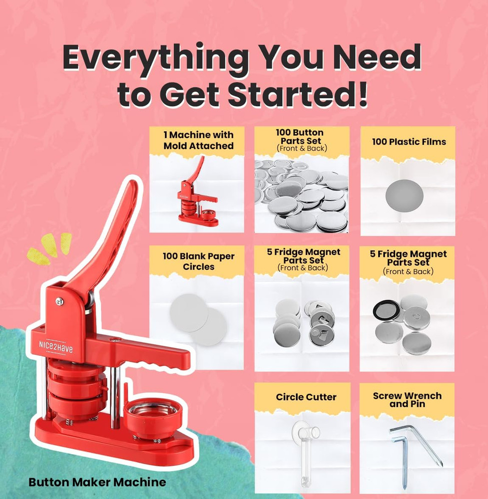 DIY Button Maker Kit - 2.25" Machine with 100 Buttons & Accessories - Red