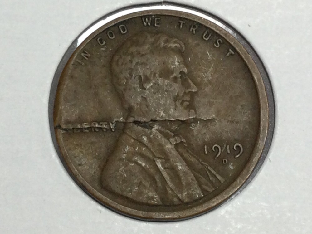 1919-D error split planchette Lincoln Cent