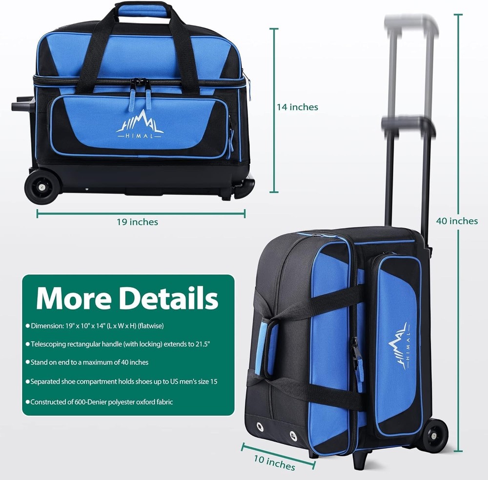 Double Roller 2 Ball Bowling Bag with Separate Shoe Compartment for Bowling