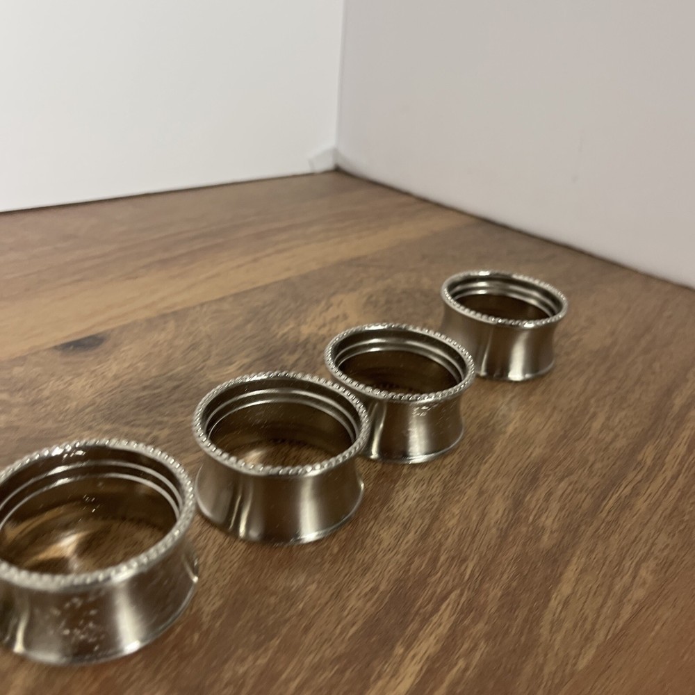6 Silver Tone Beaded Edged Napkin Rings