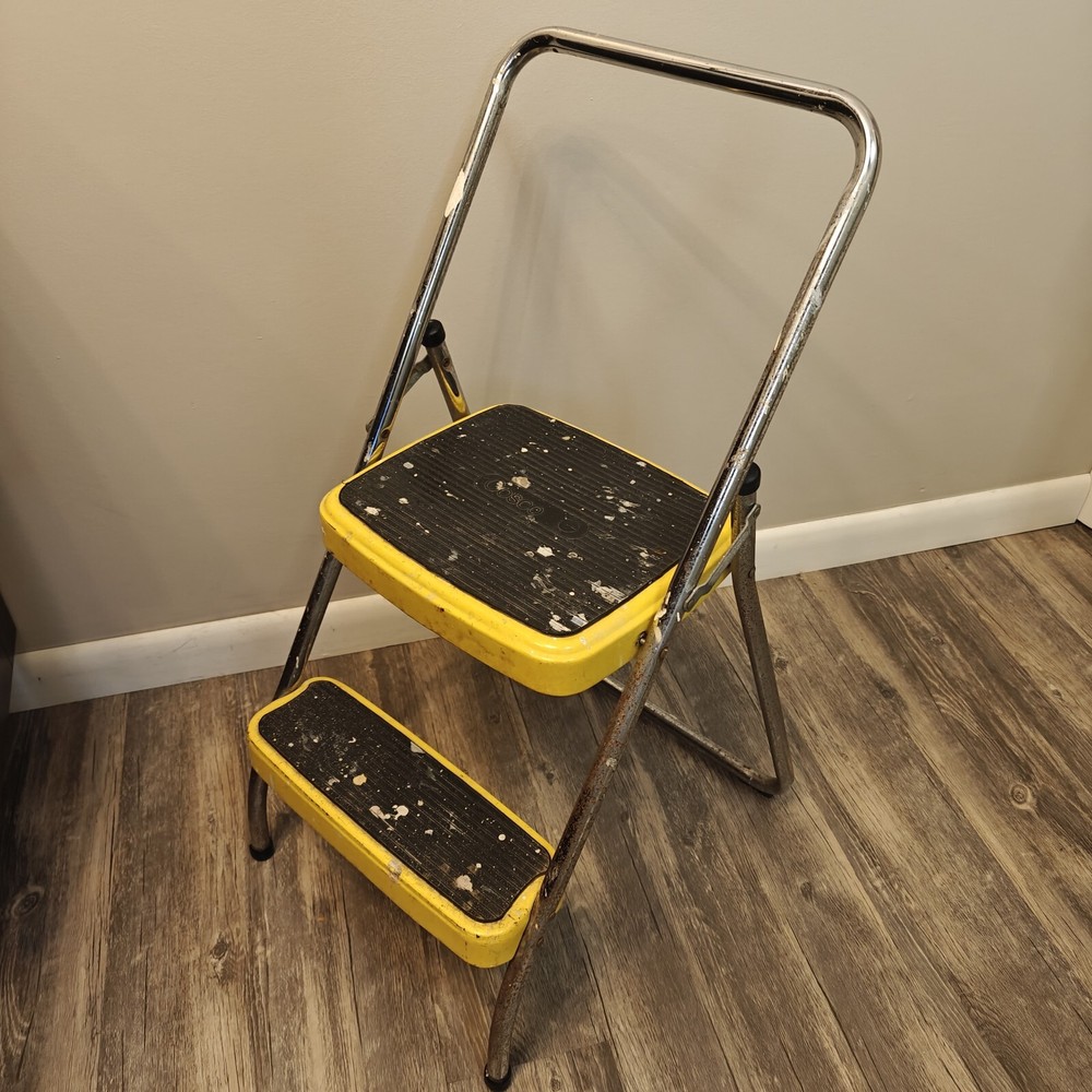 Vintage Chippy Yellow Cosco Folding 2 Step Stool