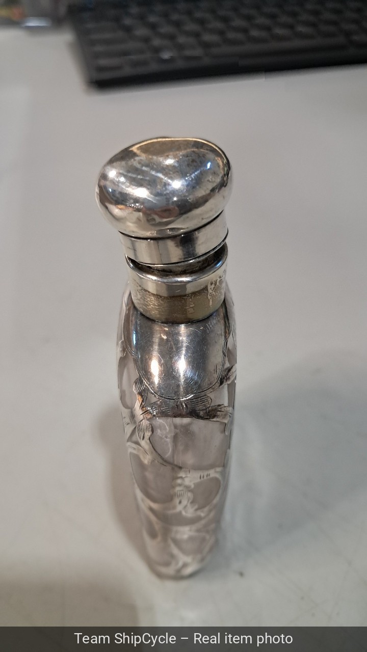 U23143 ANTIQUE Overlay STERLING Small FLASK With Engraved Initials G2U