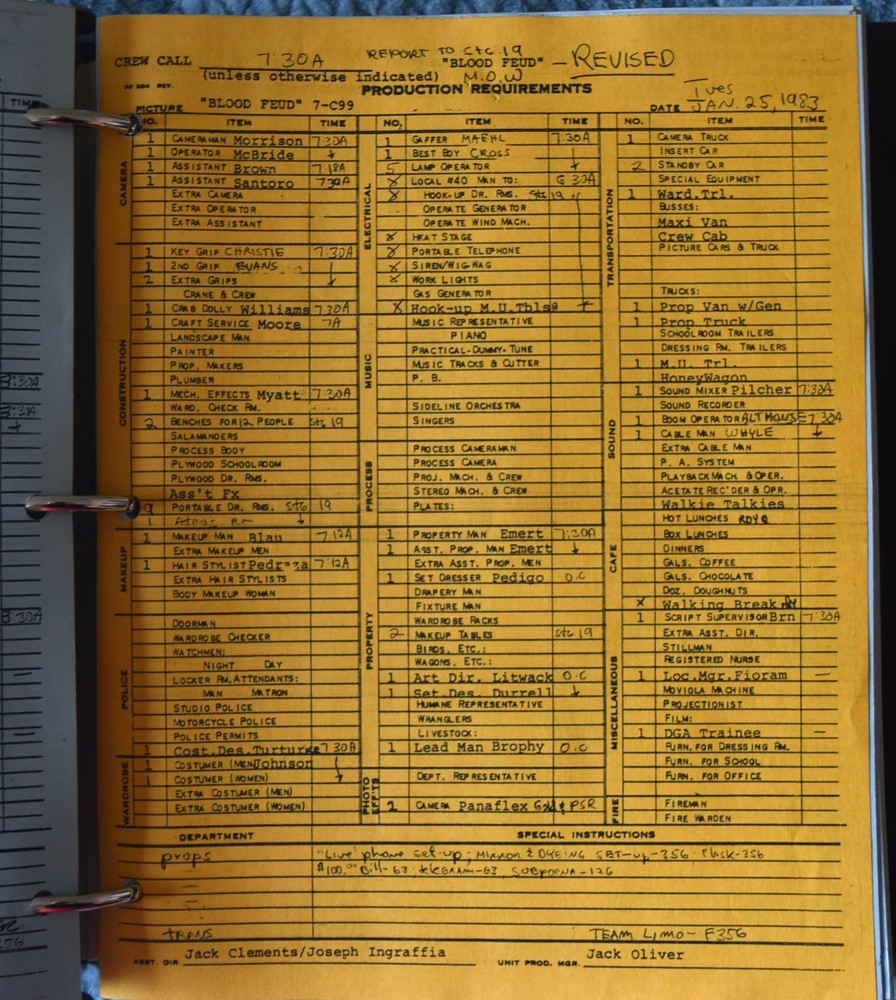 1982 Blood Feud Original Revised Final Draft Script + Shooting Schedule & More