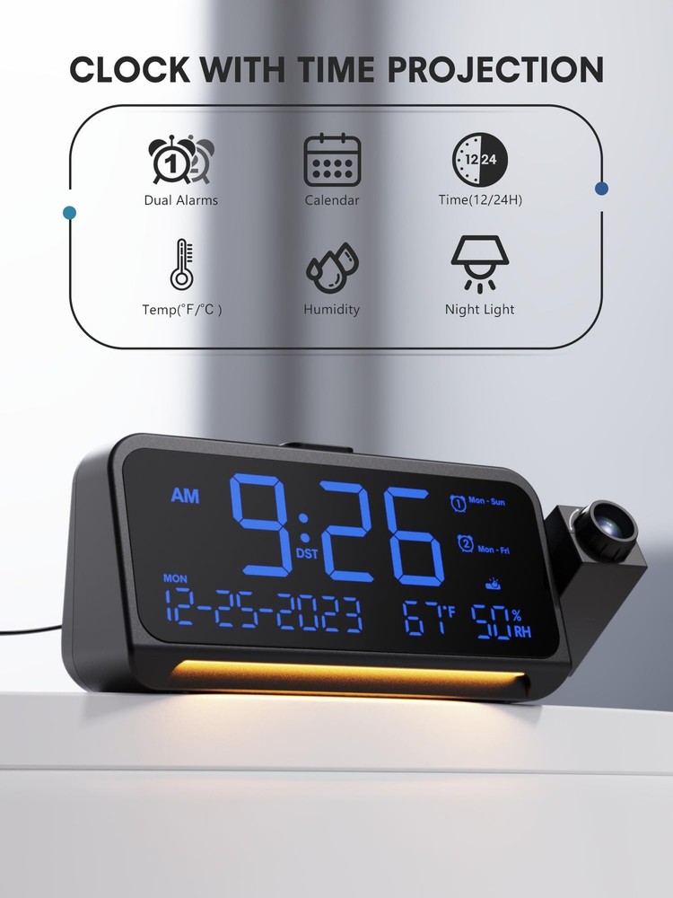 Projection Alarm Clock for Bedroom Ceiling, Digital Clock Projector with Week...