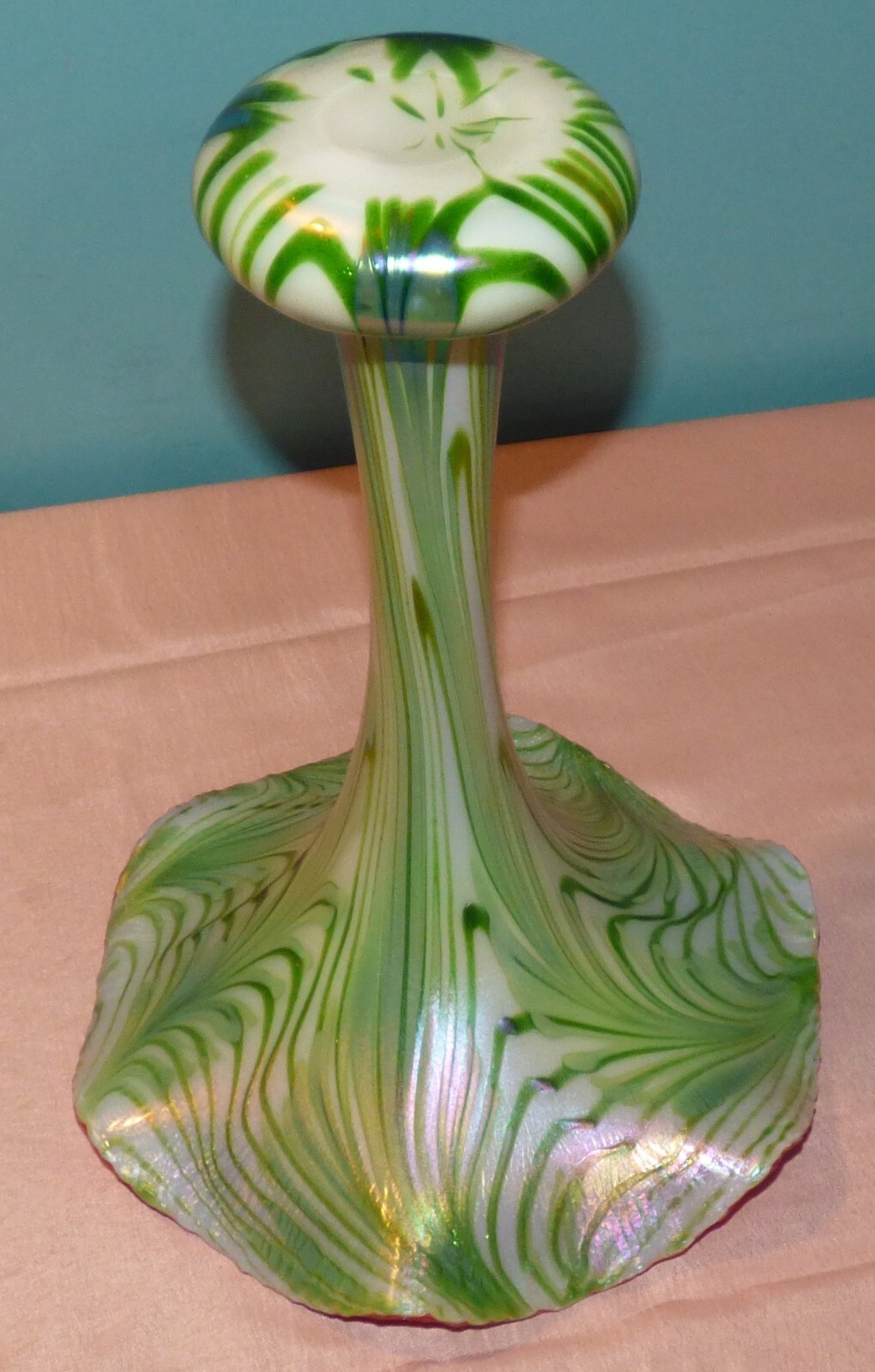 Charles Lotton Aventurine Art Glass Vase 2009 White/Green Pulled Feather 12 1/4"