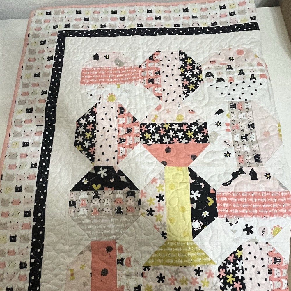 Handmade Cats and Camper Trailers Patchwork Quilt Blanket Pink