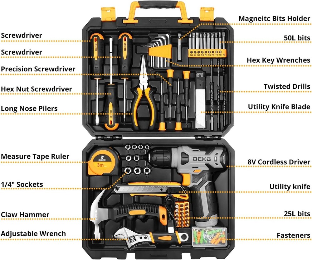 Tool Kit with 8V Cordless Drill,Tool Box with Drill,Hand Drill Set for Men