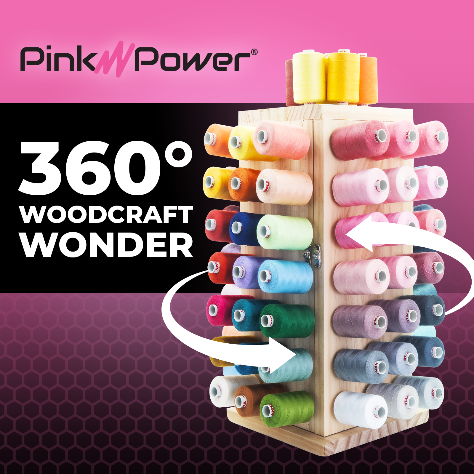 Pink Power 84 Spool Thread Holder – 360° Rotating Wooden Rack for Craft & Sewing