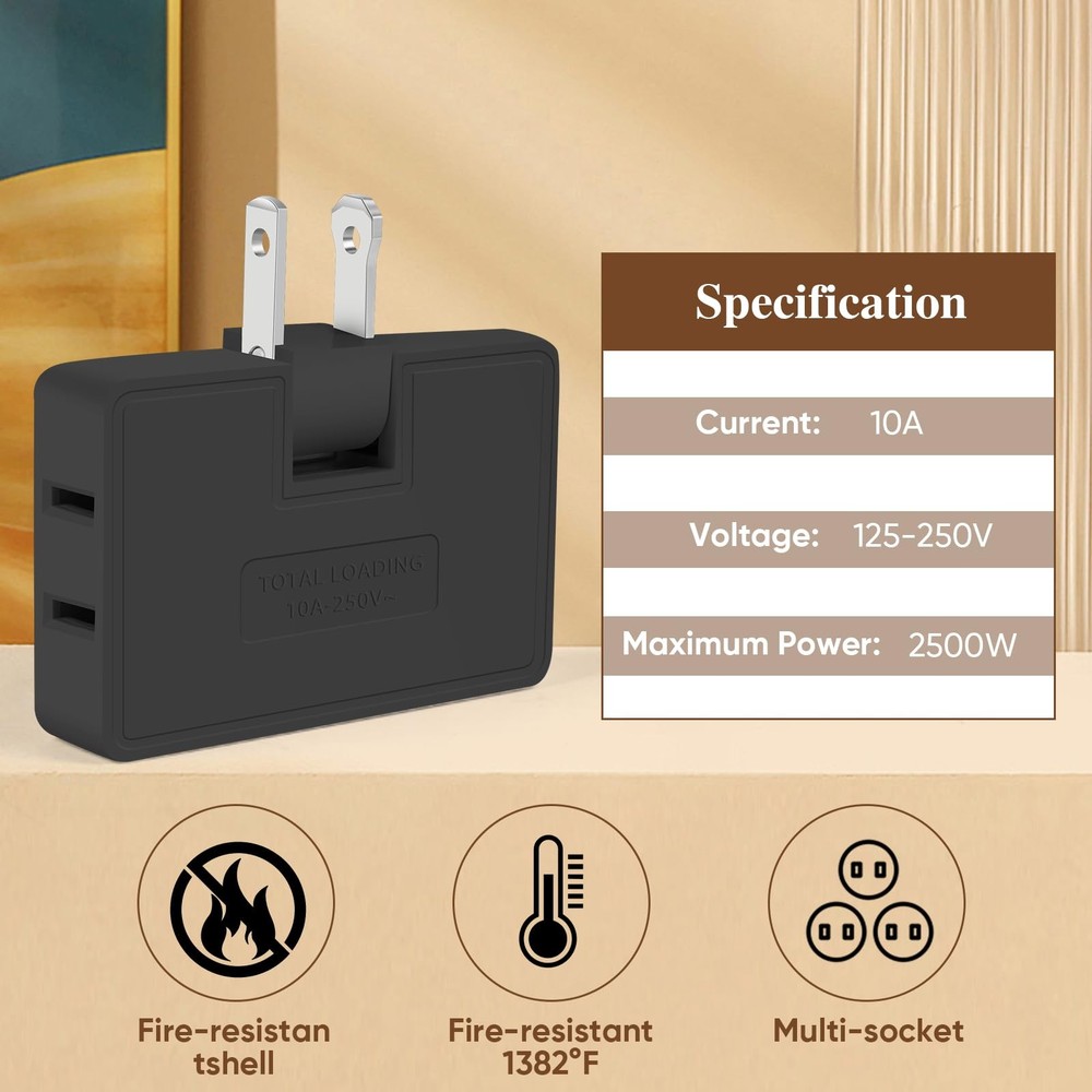 3 Way Flat Wall Outlet Extender Adapter- 2 Pack 180 Degrees Black 2