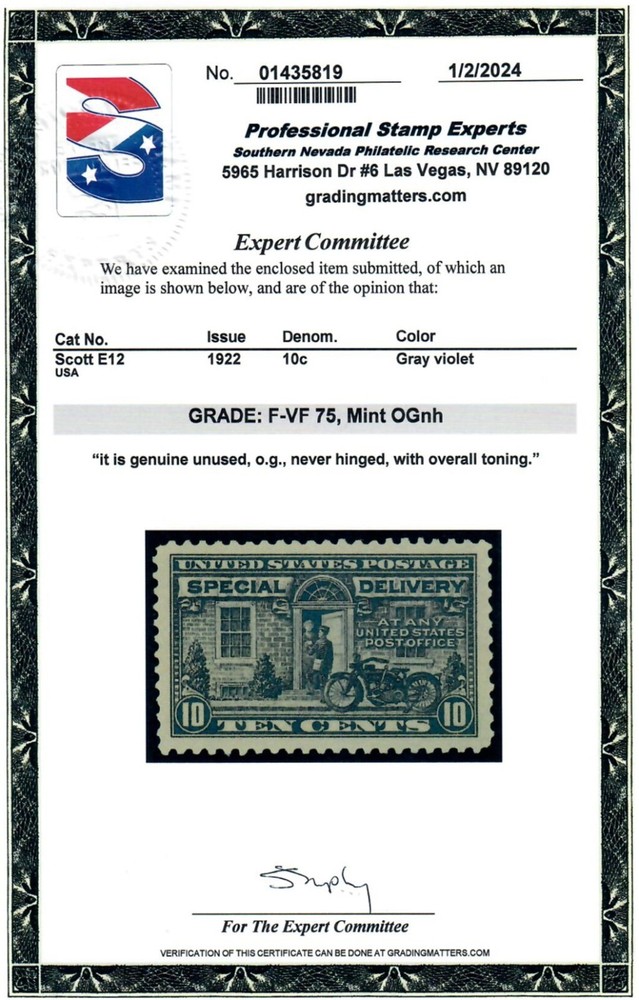 Scott E12 MNH Premium Example PSE Graded F-VF 75