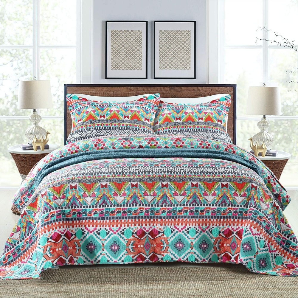 Cotton Bedspread Quilt Sets-Reversible Patchwork Coverlet Set Boho Chic